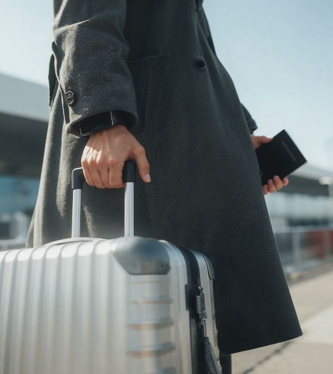 traveller with a rolling suitcase waiting outside the terminal for their pre-booked airport transfer