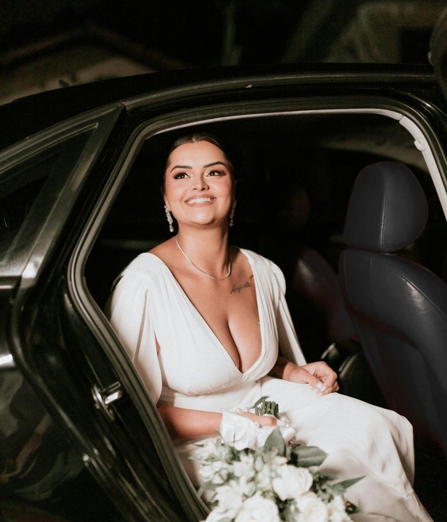 Bride ready for her wedding after being driven by a professional events chauffeur