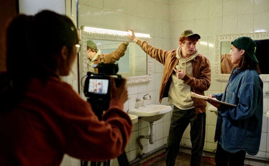 A TV scene being filmed by crew